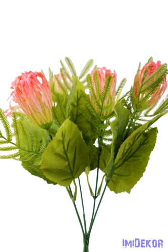 Korallféle műzöld selyem leveles 5 ágú bokor 34cm - Rózsaszín