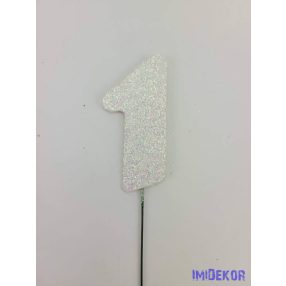 Fehér csillámos szám drót pálcán - 1