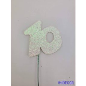 Fehér csillámos szám drót pálcán - 10