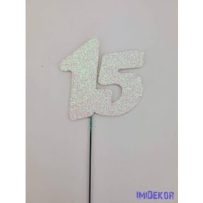 Fehér csillámos szám drót pálcán - 15