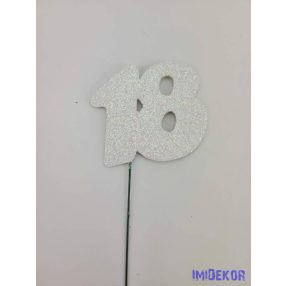 Fehér csillámos szám drót pálcán - 18