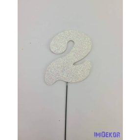 Fehér csillámos szám drót pálcán - 2