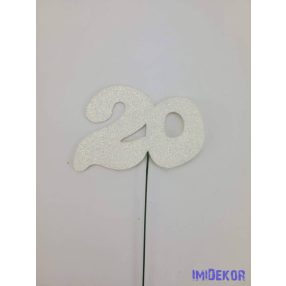 Fehér csillámos szám drót pálcán - 20