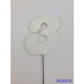 Fehér csillámos szám drót pálcán - 3