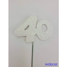 Fehér csillámos szám drót pálcán - 40