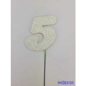 Fehér csillámos szám drót pálcán - 5