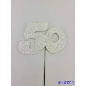 Fehér csillámos szám drót pálcán - 50