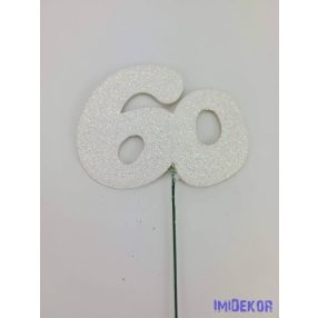 Fehér csillámos szám drót pálcán - 60
