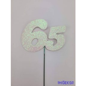 Fehér csillámos szám drót pálcán - 65