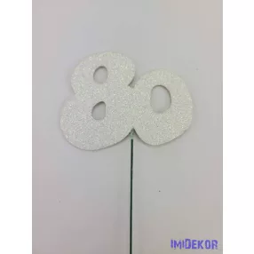 Fehér csillámos szám drót pálcán - 80