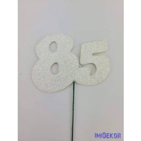 Fehér csillámos szám drót pálcán - 85