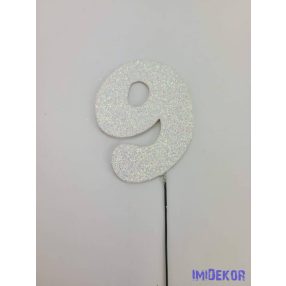 Fehér csillámos szám drót pálcán - 9