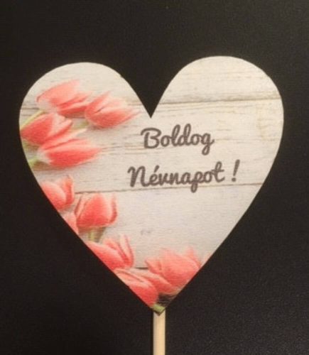 " Boldog Névnapot! " tulipános lézervágott fa betűző táblácska szív 7,5x7,5 cm