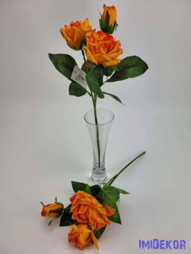 Rózsa 3 ágú szálas selyemvirág 34 cm - Narancs