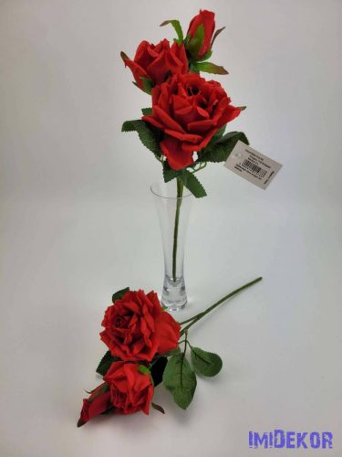 Rózsa 3 ágú szálas selyemvirág 34 cm - Piros