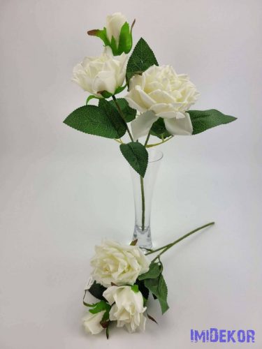 Rózsa 3 ágú szálas selyemvirág 34 cm - Törtfehér