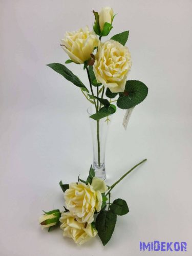 Rózsa 3 ágú szálas selyemvirág 34 cm - Krém