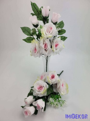 Vegyes rózsa fekvő 10 ágú selyem csokor 48 cm - Fehér-Rózsaszín