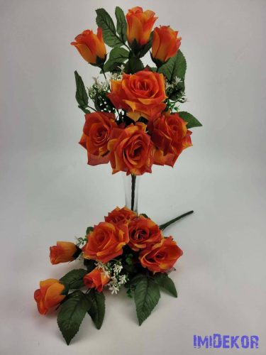 Vegyes rózsa fekvő 10 ágú selyem csokor 48 cm - Narancs
