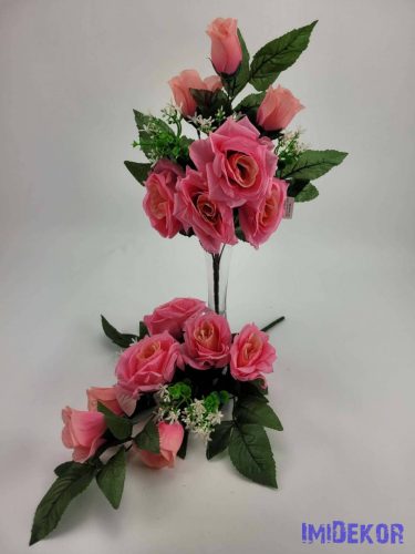 Vegyes rózsa fekvő 10 ágú selyem csokor 48 cm - Rózsaszín