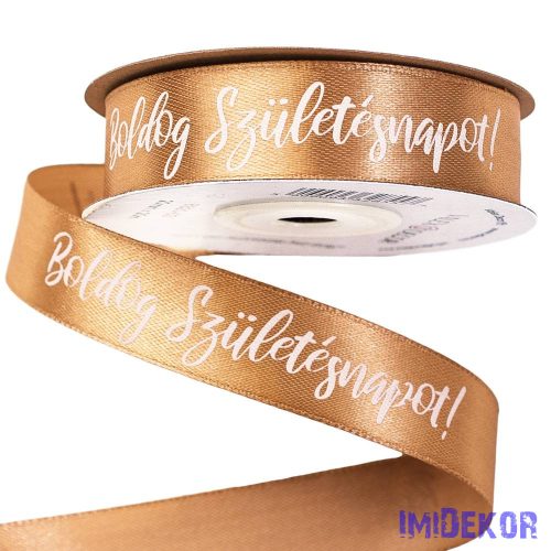 "Boldog Születésnapot!" feliratos szatén szalag 20mm x 20m - Aranybarna