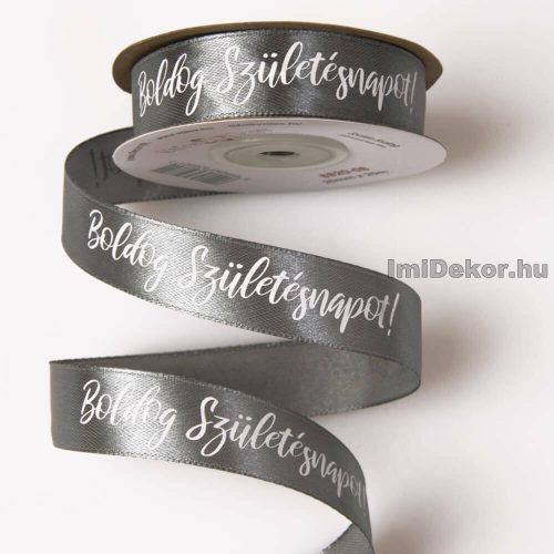 "Boldog Születésnapot!" feliratos szatén szalag 20mm x 20m - Kékes ezüst