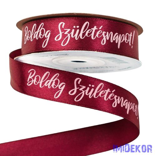 "Boldog Születésnapot!" feliratos szatén szalag 20mm x 20m - Burgundi