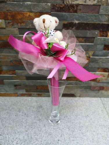 Ballagó csokor világos Maci figurával szalaggal 35 cm - Rózsaszín