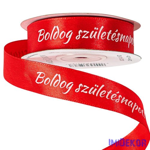 "Boldog Születésnapot!" feliratos szatén szalag 20mm x 20m - Piros