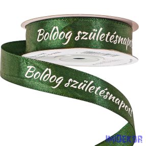   "Boldog Születésnapot!" feliratos szatén szalag 20mm x 20m - Sötétzöld