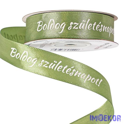 "Boldog Születésnapot!" feliratos szatén szalag 20mm x 20m - Mohazöld