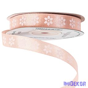 Virágmintás szatén szalag 12mm x 20m - Púder rózsaszín