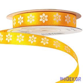   Virágmintás szatén szalag 12mm x 20m - Sötét citromsárga