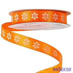   Virágmintás szatén szalag 12mm x 20m - Sötét narancssárga