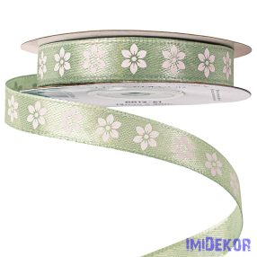 Virágmintás szatén szalag 12mm x 20m - Vintage zöld