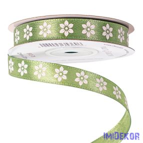 Virágmintás szatén szalag 12mm x 20m - Mohazöld