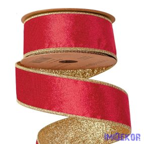   Bársony szalag csillogó hátoldallal, drótos szegéllyel 38mm x 5m - Piros