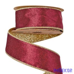   Bársony szalag csillogó hátoldallal, drótos szegéllyel 38mm x 5m - Bordó