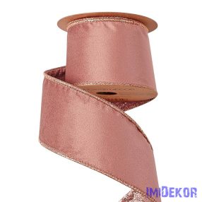   Bársony szalag csillogó hátoldallal, drótos szegéllyel 6mm x 5m - Rosegold
