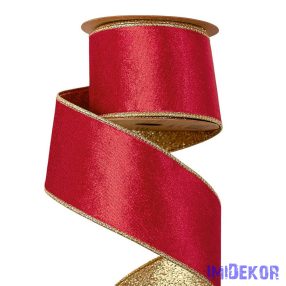   Bársony szalag csillogó hátoldallal, drótos szegéllyel 63mm x 5m - Piros