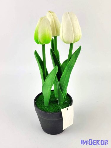 Cserepes gumi tulipán 3 fejes élethű 22 cm - Fehér