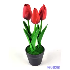 Cserepes gumi tulipán 3 fejes élethű 22 cm - Piros