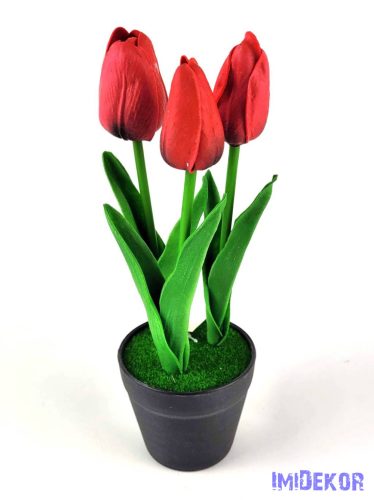 Cserepes gumi tulipán 3 fejes élethű 22 cm - Piros