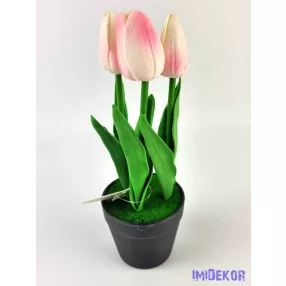   Cserepes gumi tulipán 3 fejes élethű 22 cm - Halvány Rózsaszín