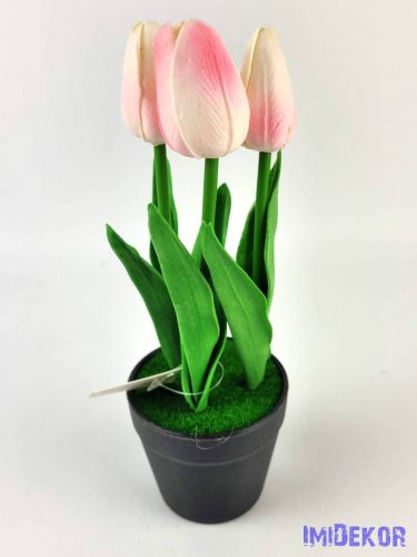 Cserepes gumi tulipán 3 fejes élethű 22 cm - Halvány Rózsaszín