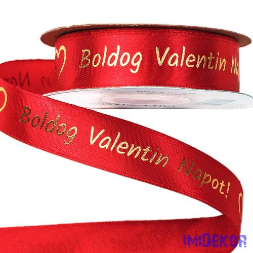 Boldog Valentin napot! arany feliratos szatén szalag 20mm x 20m - Piros