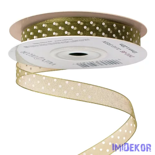 Pöttyös organza szalag 10mm x 20m - Olivazöld