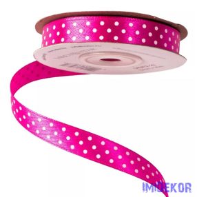   Fehér pöttyös szatén szalag 12mm x 20m - Sötét Rózsaszín