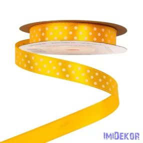   Fehér pöttyös szatén szalag 12mm x 20m - Sötét citromsárga