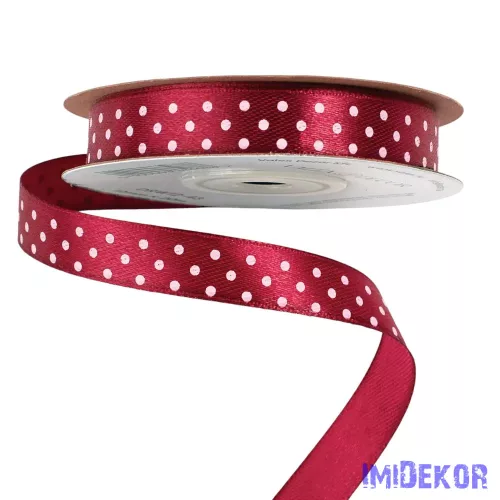 Fehér pöttyös szatén szalag 12mm x 20m - Wine red